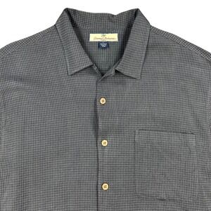 Tommy Bahama Silk Shirt Mens L Gray Micro Check Short Sleeve Comfort BOHO